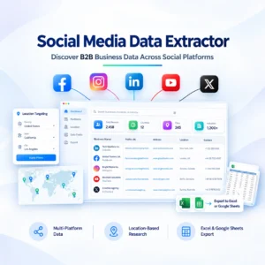 Social Media Data Extractor dashboard for B2B business data collection from Facebook, Instagram, LinkedIn, YouTube and X with location targeting and spreadsheet export.
